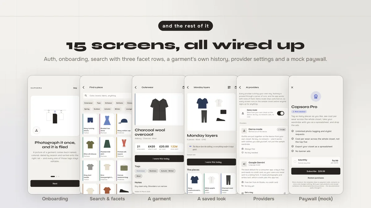 Search, saved looks, garment detail and other screens — Capsora