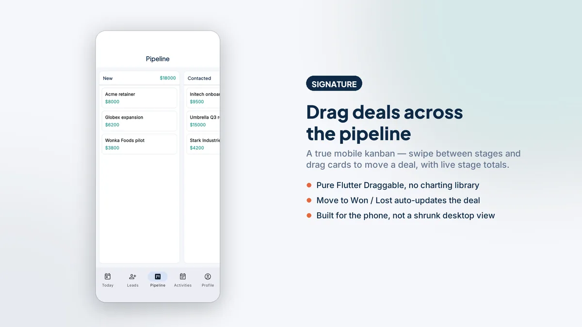 Kanban pipeline board with deals grouped by stage — Fieldora