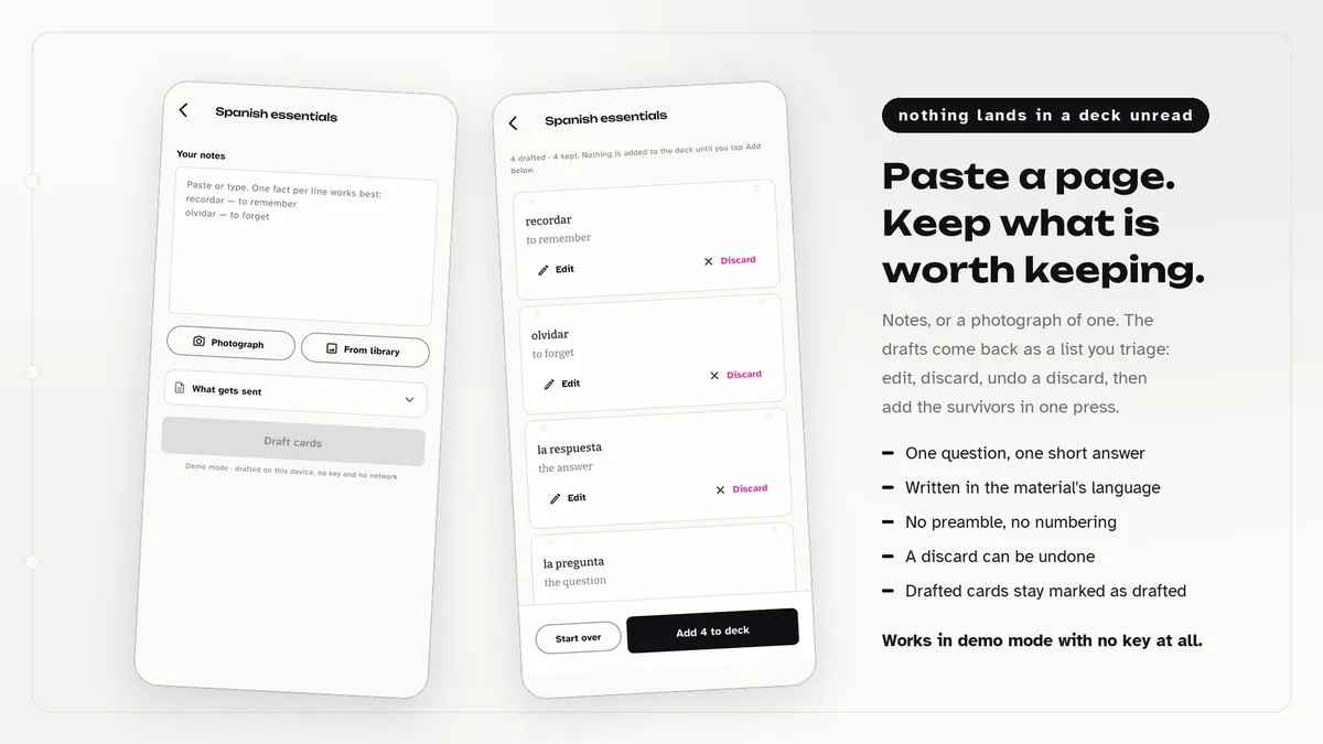Notes or a photo turned into drafts to triage — Flashora