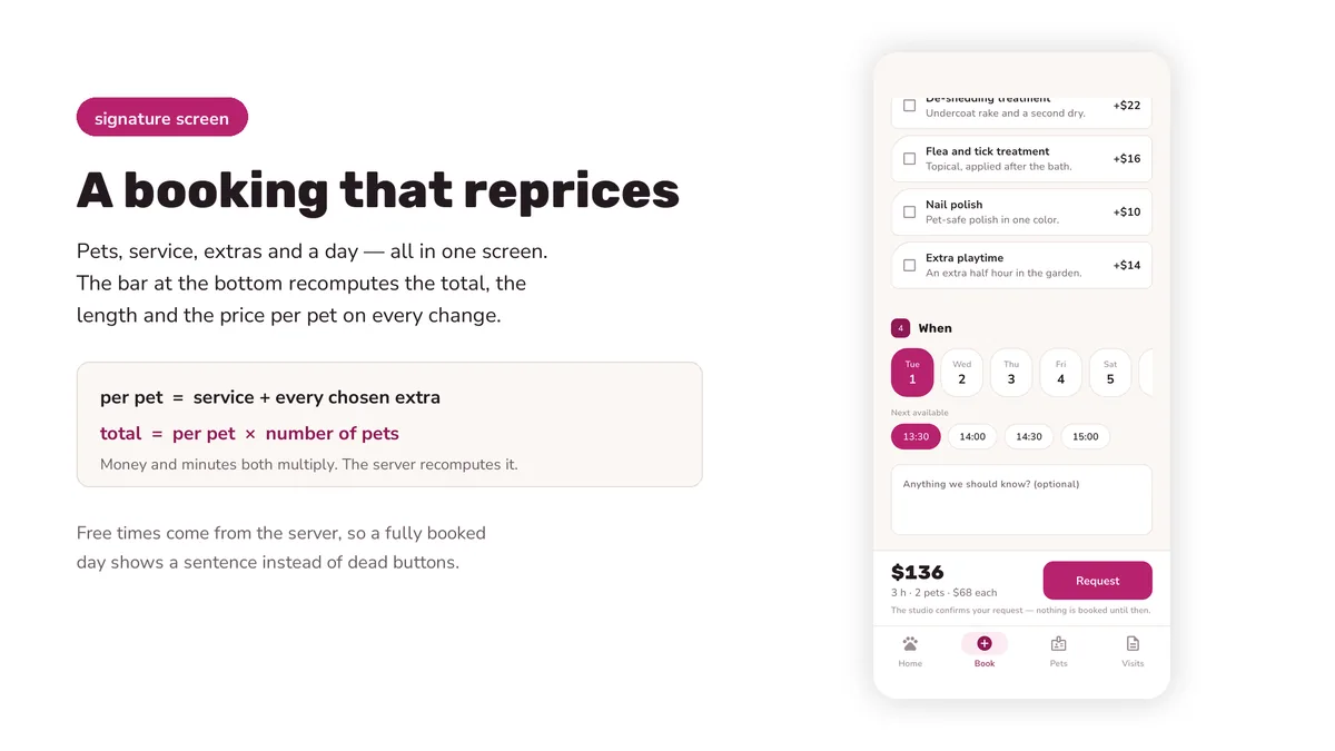 Booking builder with pets, service, extras and live quote — Leashora