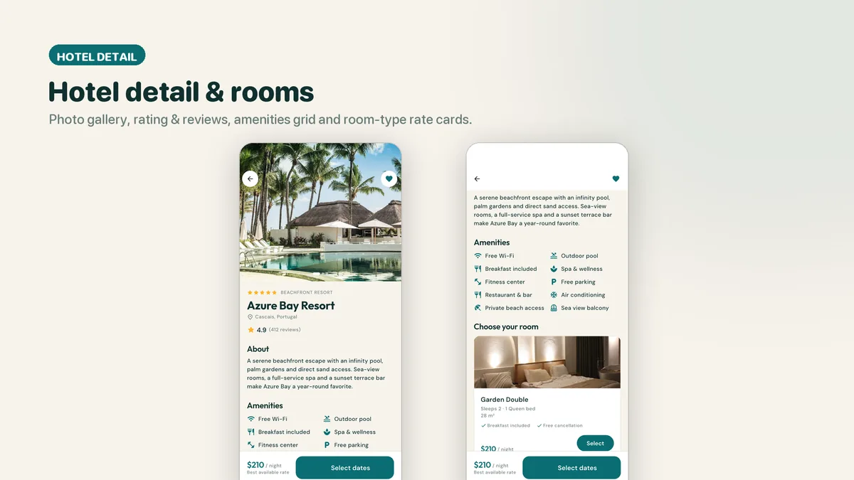 Hotel detail with photo gallery and room rate cards — Lodgora