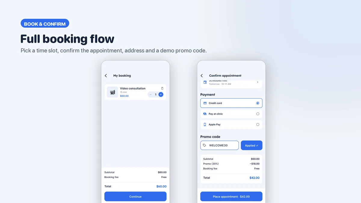 Appointment slot picker and booking checkout — Medora