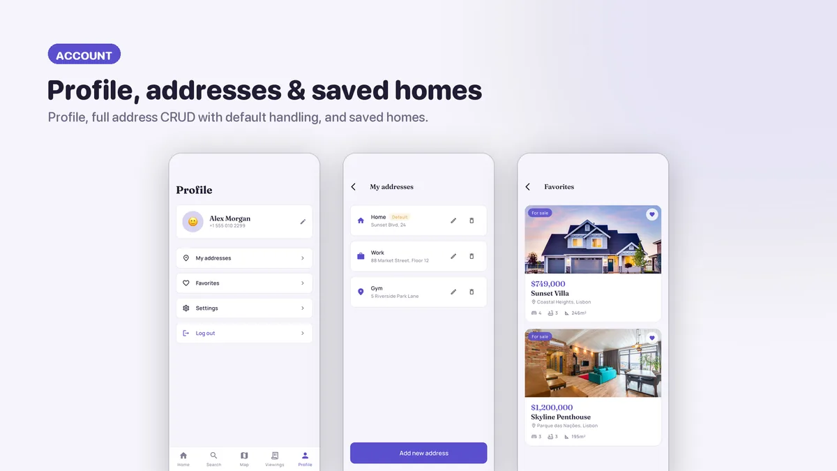 Account, saved homes and address book — Nestora
