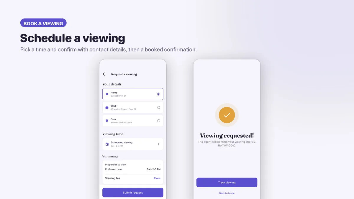 Booking a viewing: tour type and preferred time — Nestora