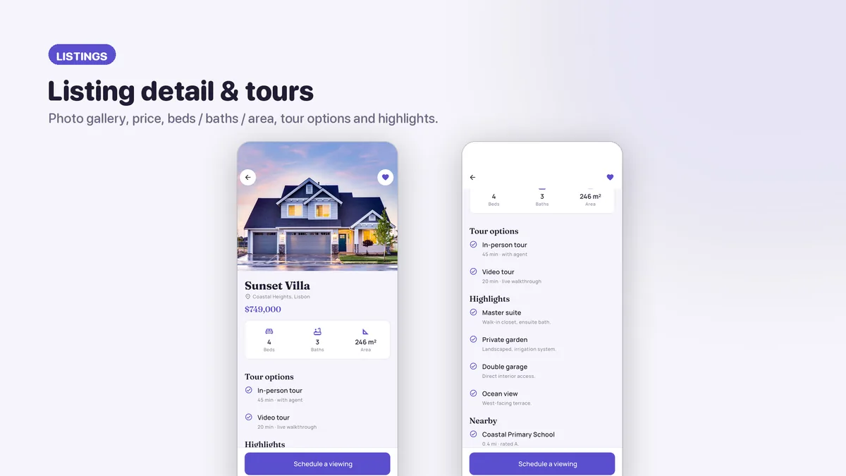 Listing detail with gallery, price, beds, baths and floor area — Nestora
