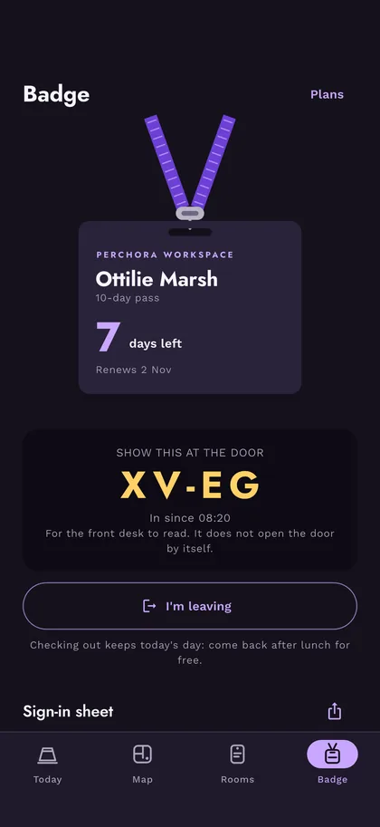 A badge that only counts the days you came — Perchora screen