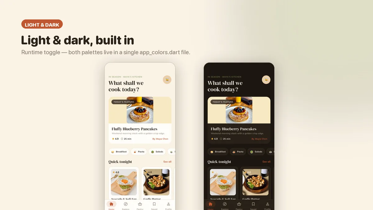 Recipe screens shown in light and dark themes — Plattora
