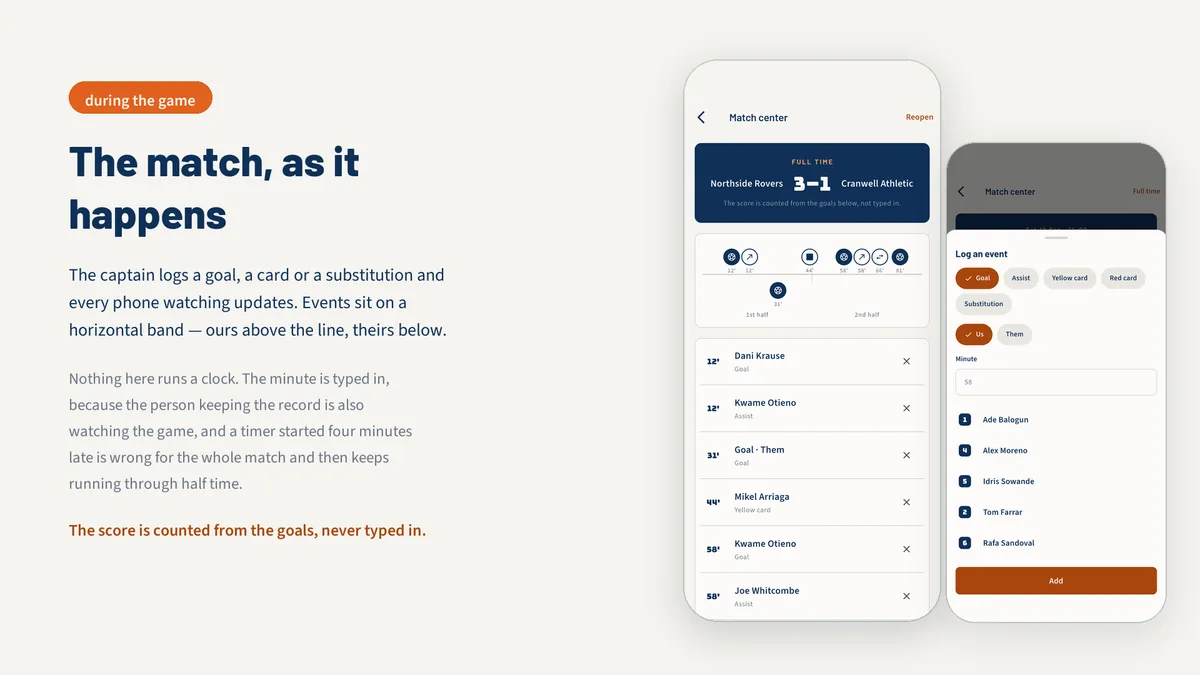 Match center scoreboard, event band and event logging sheet — Rostora