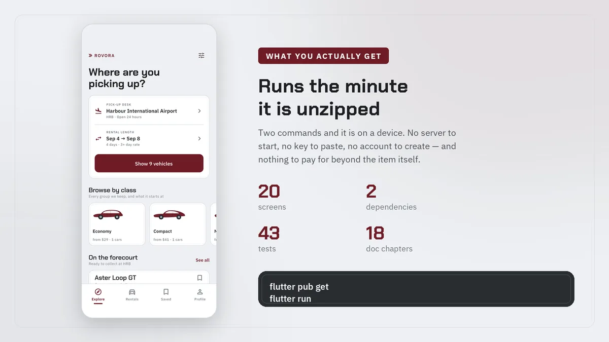 Explore screen beside the two-command setup and package stats — Rovora