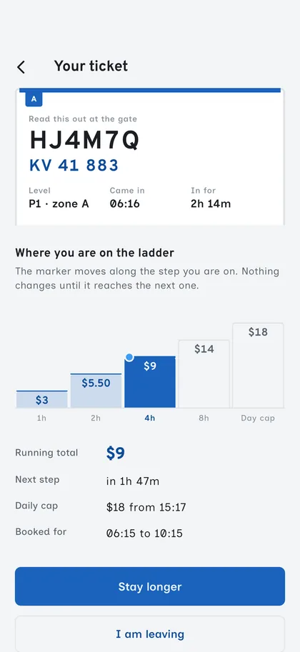 A live ticket while you park — Spotora screen