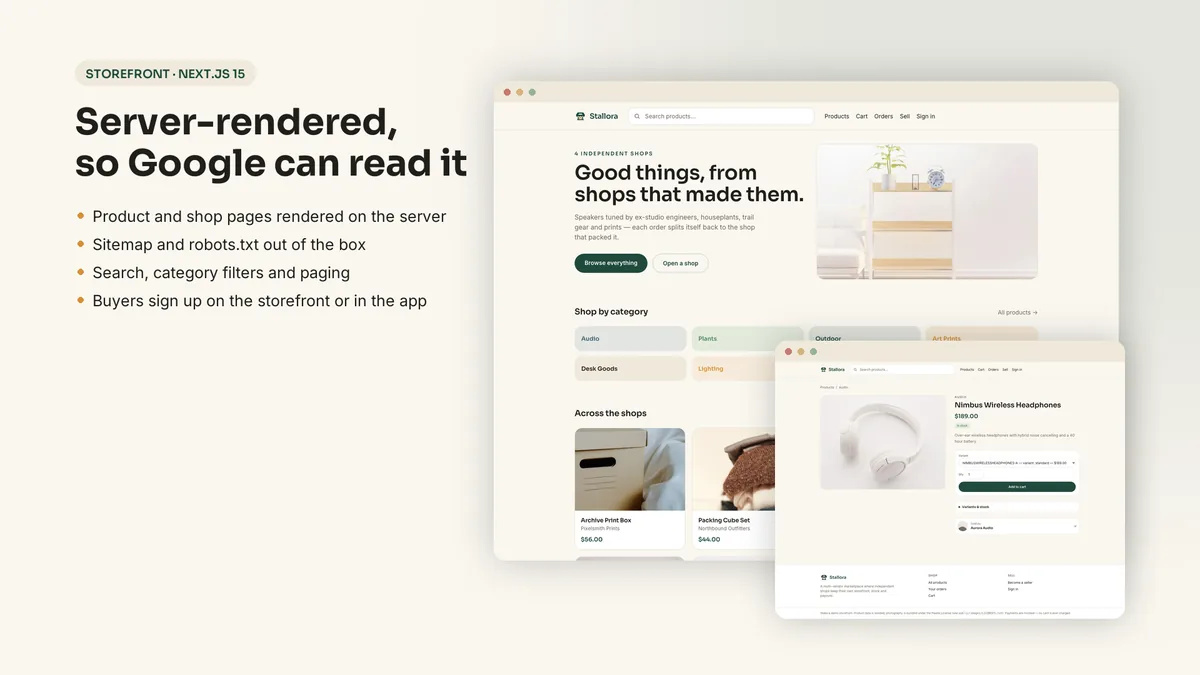 Next.js storefront with product and shop pages — Stallora