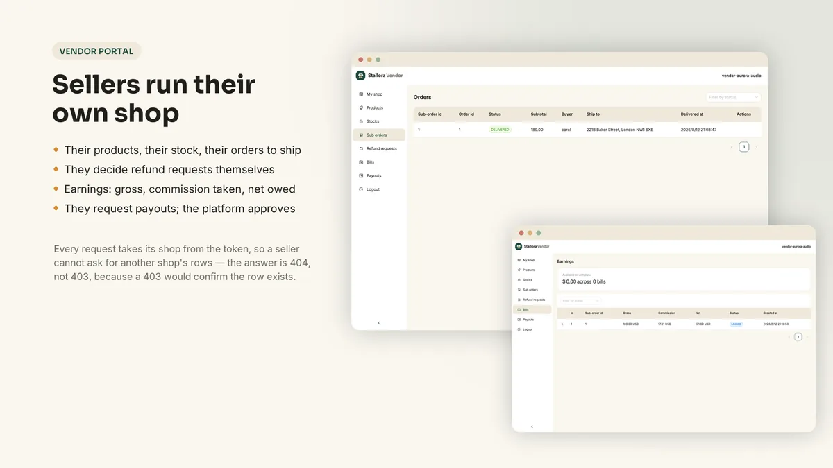 Vendor portal where a seller manages their own shop — Stallora