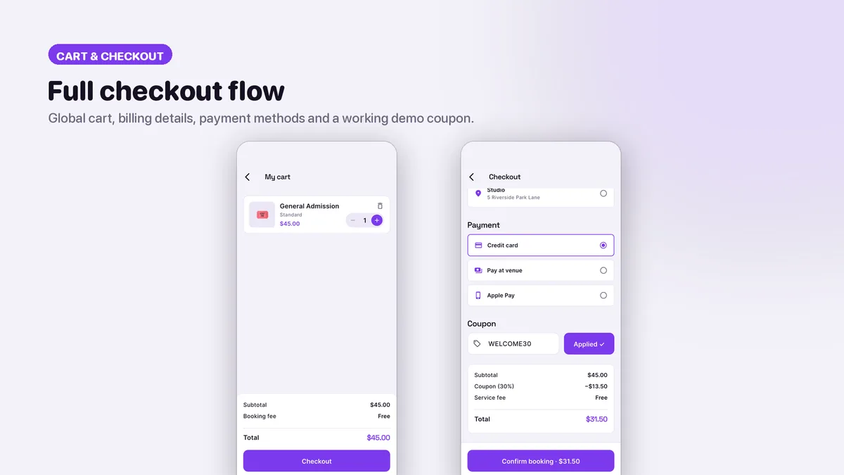 Ticket tiers, add-ons and checkout — Tikora