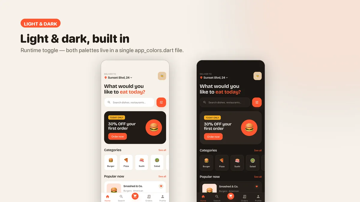 Home and menu screens in light and dark theme — Tomavo