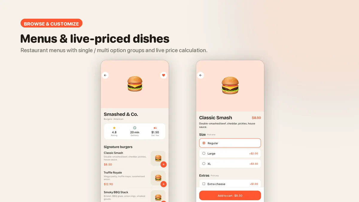 Restaurant menu and dish customization with live price — Tomavo