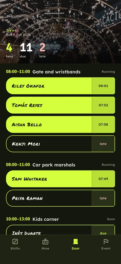 Door check-in and hours, live — Turnora screen