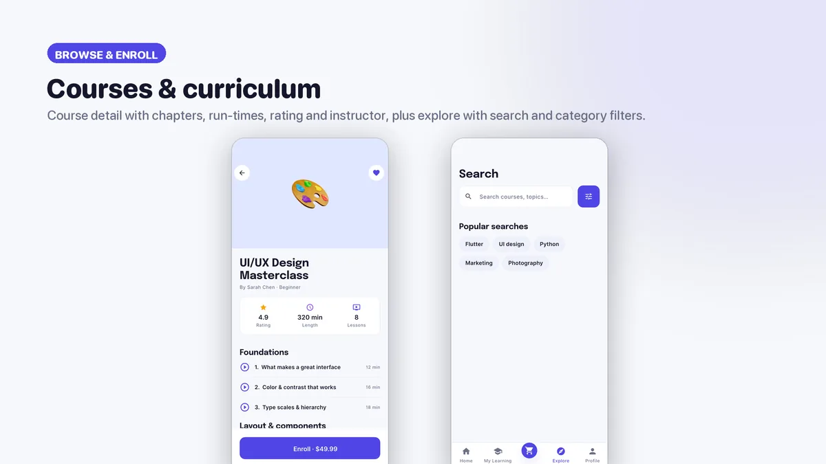 Course catalog and course detail with curriculum — Veltora