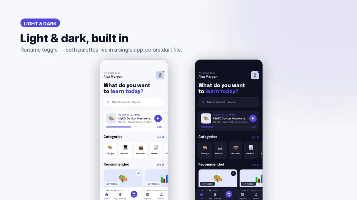 Course screens in light and dark theme — Veltora